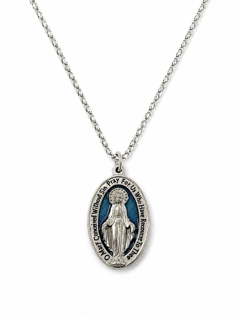 Miraculous Medal Necklace Blue Enamel Virgin Mary Catholic 20” Chain Silver Tone